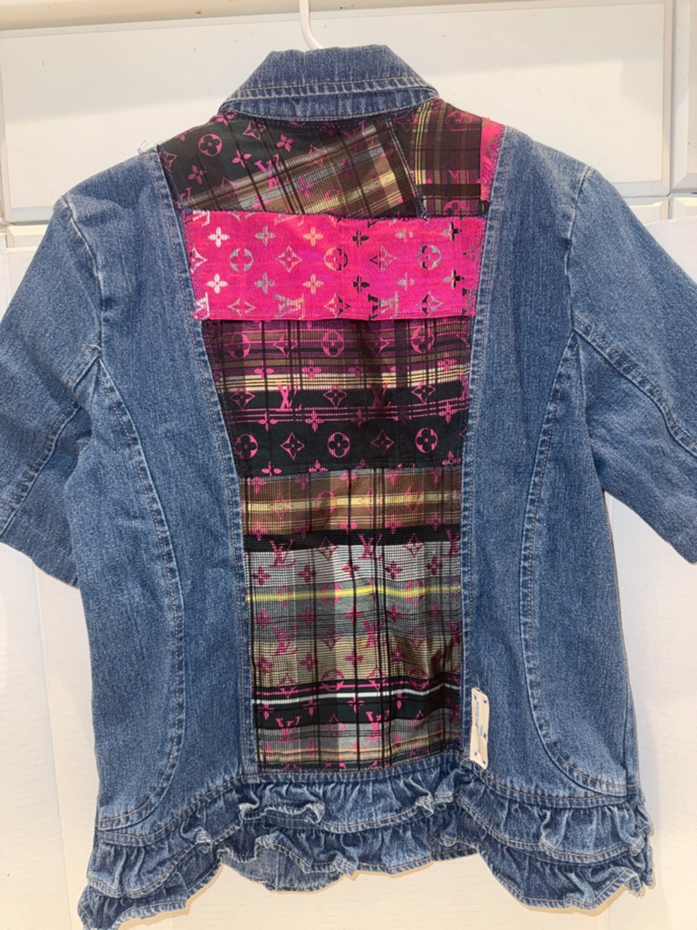 Short Sleeve Denim Jacket with Designer Inspired Back Panel Sz S/M